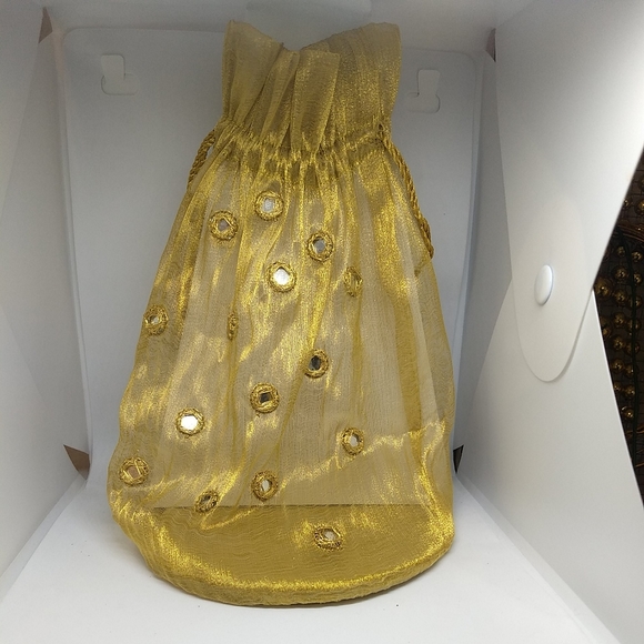 Lot of 2 Large Embroidered Yellow Gold Organza Mirrored Embellished Drawstring - Picture 6 of 12